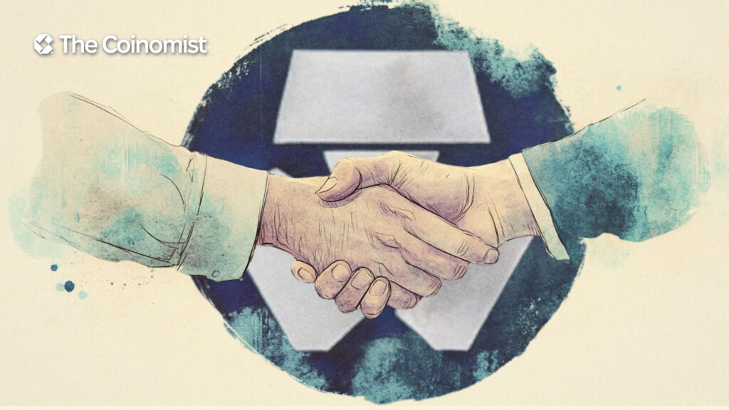 ​​A handshake icon with the TMTG (Trump Media & Technology Group) and crypto.com logos in the background, representing their partnership - The Coinomist