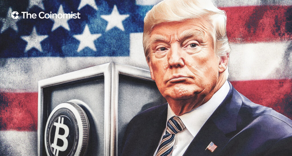 Trump or the American flag. In the background is a safe with the BTC logo - The Coinomist