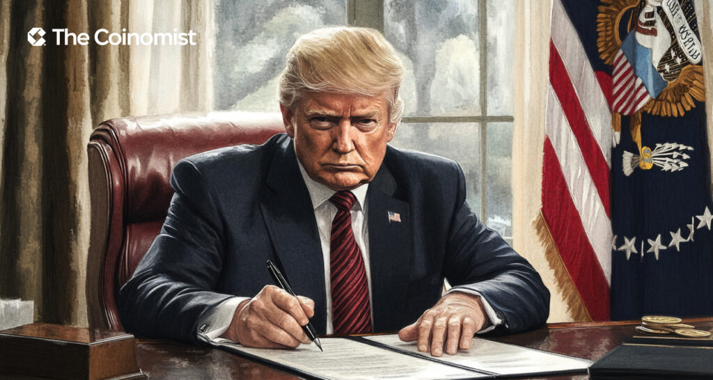 Trump signing a paper with the US flag - The Coinomist