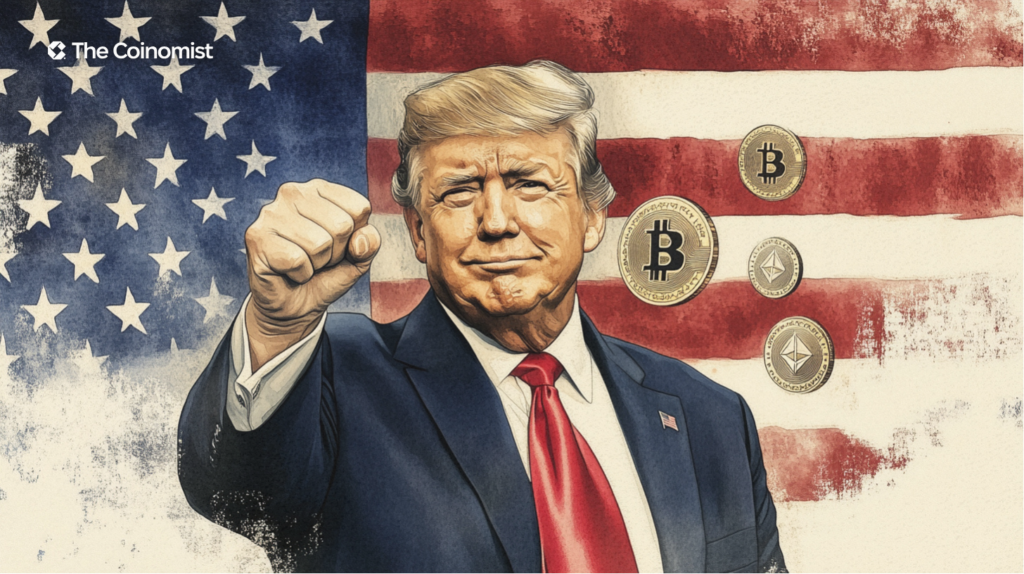 Trump making a fist pump gesture, with the U.S. flag in the background and Bitcoin, Ether, XRP, ADA, and Solana coins - The Coinomist