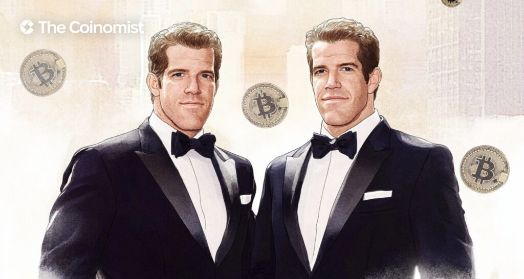 Winklevoss twins with the Bitcoin logo in the background - The Coinomist