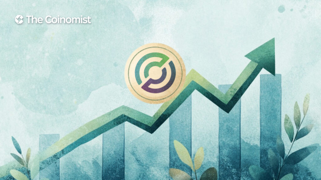 rising green chart, with the Circle logo placed on the upward arrow - The Coinomist