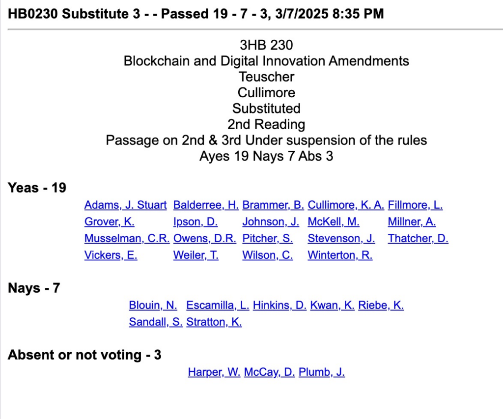 Crypto bill HB230 passes in the Utah Senate — The Coinomist