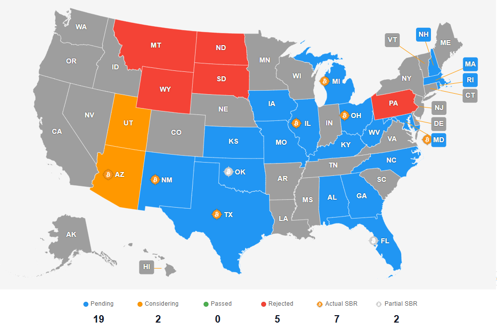 Map of Bitcoin Reserve Legislation Across Various States — The Coinomist