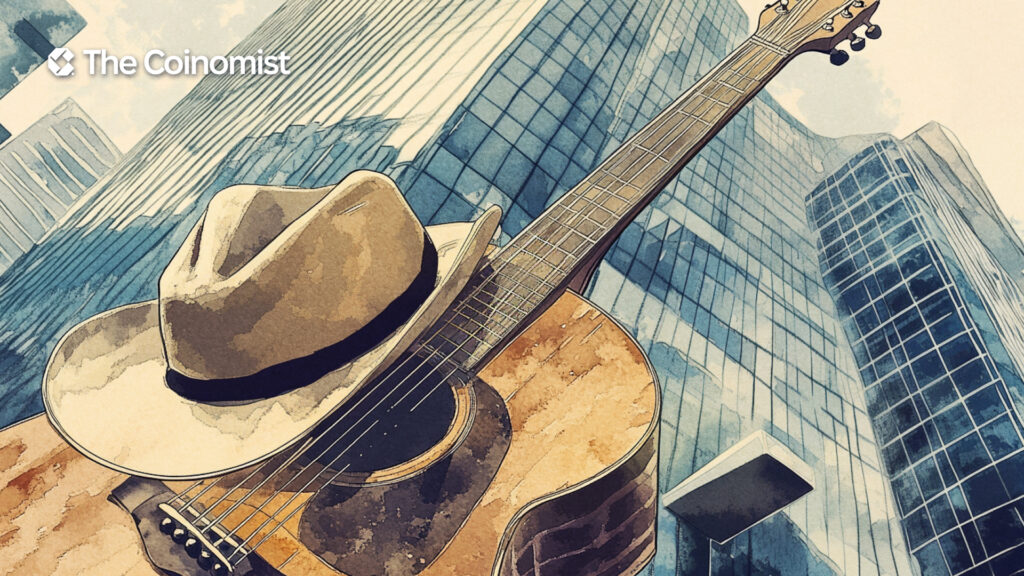 cowboy hat, guitar, skyscrapers and blockchain - The Coinomist