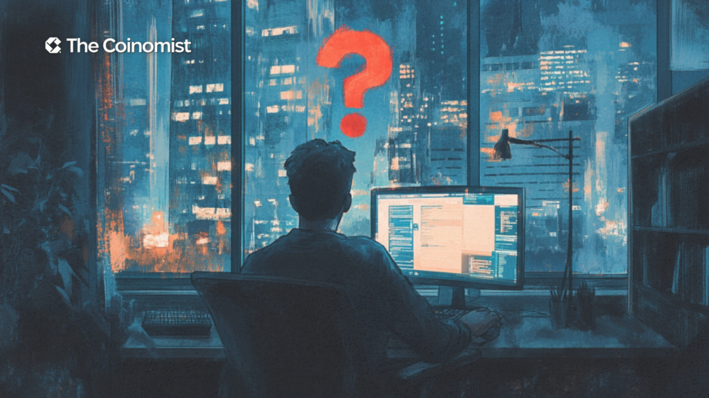 a trader is sitting at a laptop, with a big red question mark above him - The Coinomist