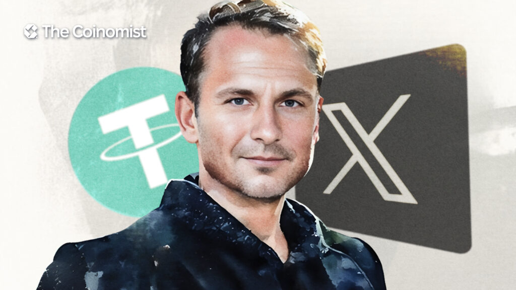 Paolo Ardoino on the cover with Tether and X logos in the background - The Coinomist