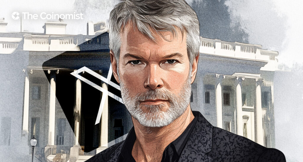 Michael Saylor on the cover with the X (social media) logo and the White House in the background - The Coinomist