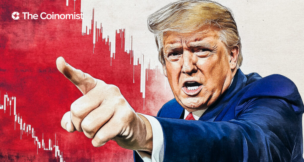 Trump pointing his finger. Background: X logo and a red declining price chart - The Coinomist