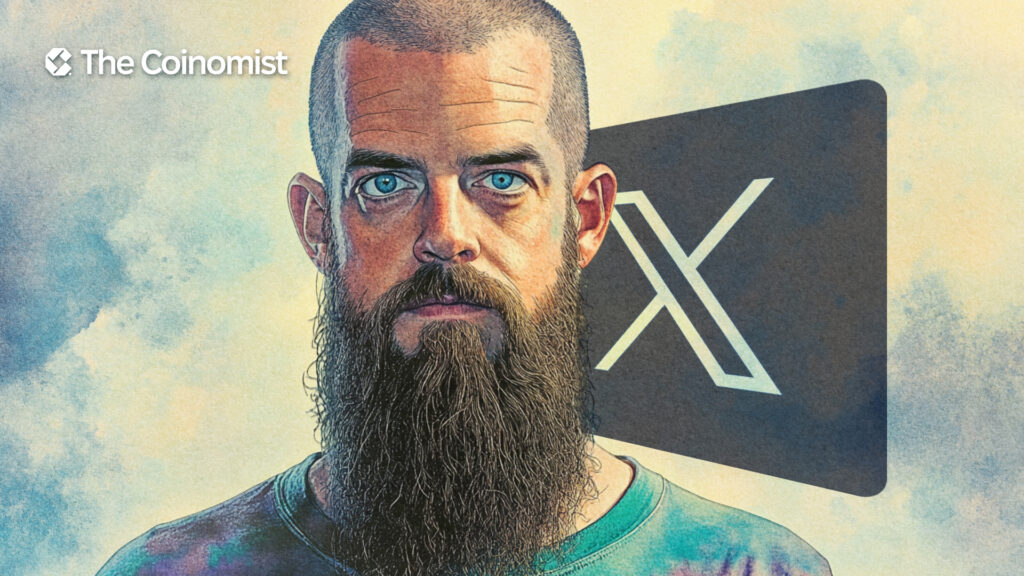 Jack Dorsey on the cover with the X logo and loudspeakers in the background - The Coinomist