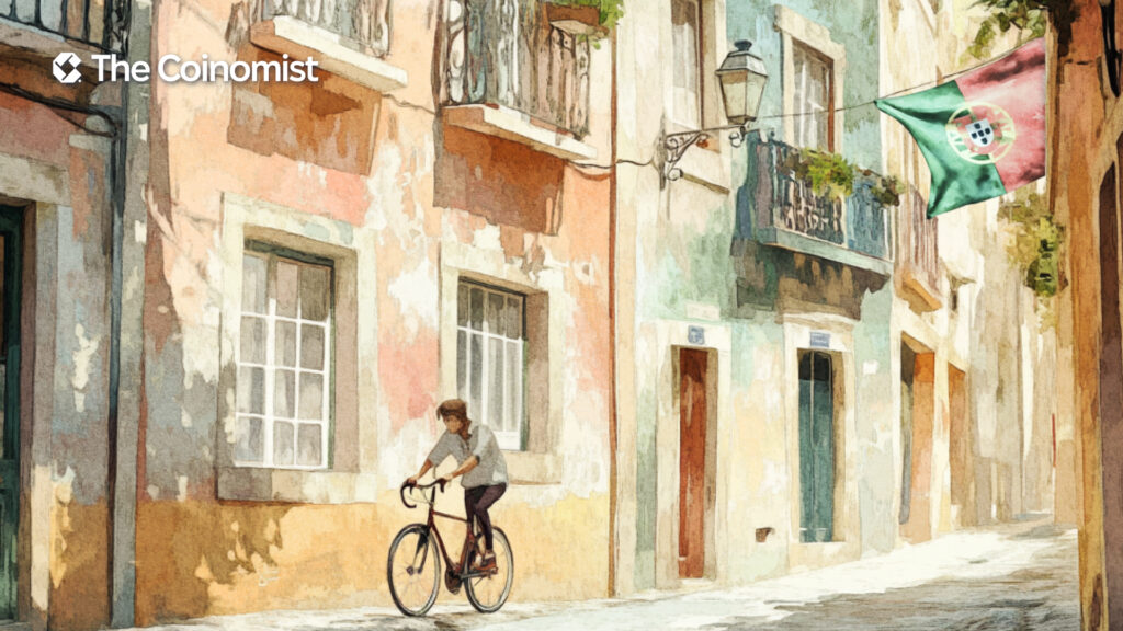 a narrow cobbled street of an old European city, with a cyclist riding along it - The Coinomist