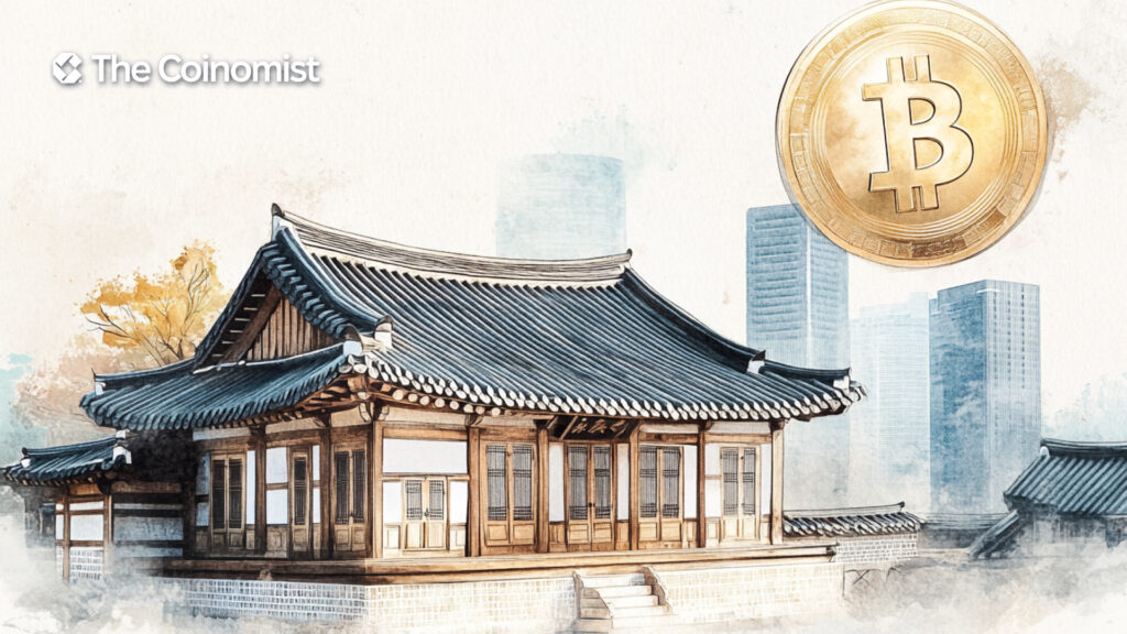 Traditional Korean House (Hanok) + Skyscraper + Bitcoin Coin - The Coinomist