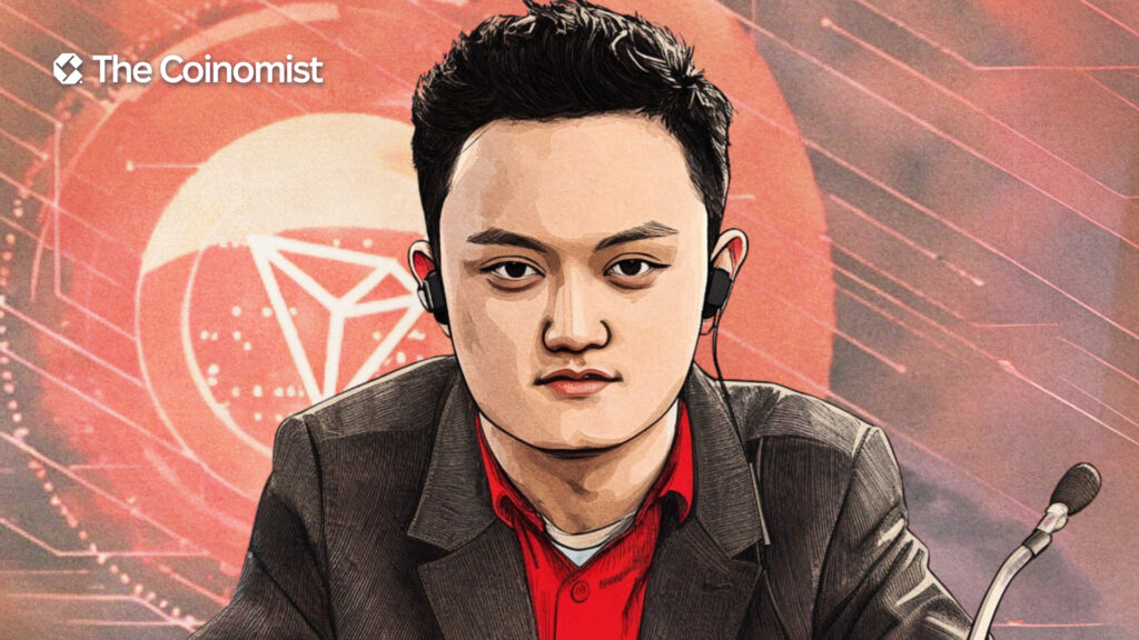 ustin Sun with the TRX coin logo in the background - The Coinomist
