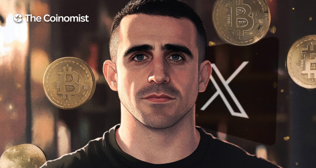 Anthony Pompliano on the cover with the X (social media) and Bitcoin logos in the background - The Coinomist