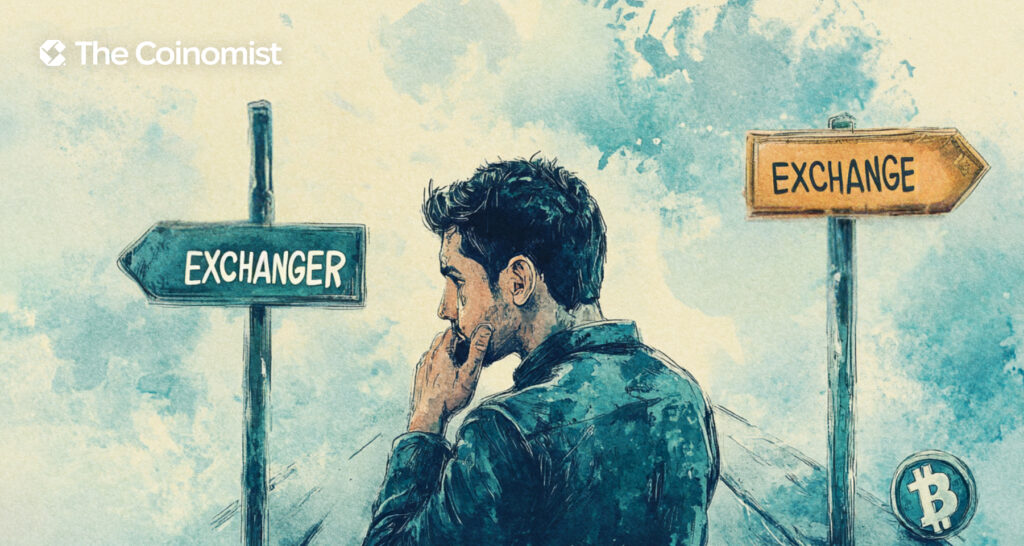 A hesitant crypto trader facing a choice between “EXCHANGE” and “EXCHANGER” - The Coinomist