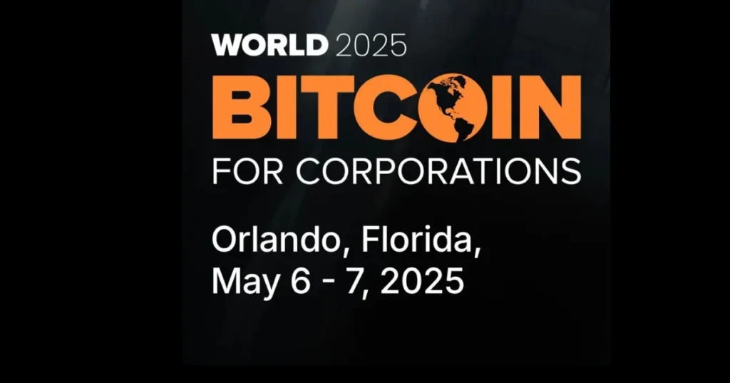 Promotional banner for Bitcoin for Corporations 2025 featuring event title, location (Orlando, Florida), and date (May 6–7, 2025)