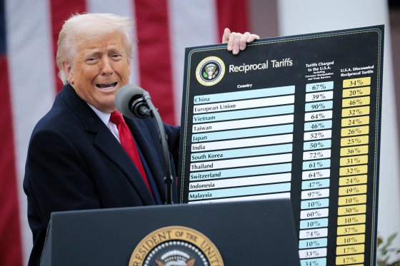 Donald Trump presenting tariff data during a press briefing — The Coinomist