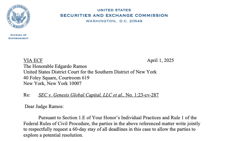 Screenshot of a formal letter to Judge Edgardo Ramos where the SEC and Gemini jointly ask for a 60-day pause in legal proceedings. The Coinomist