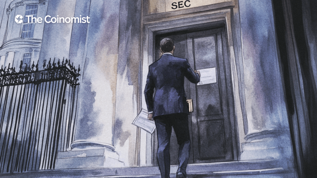 a16z representative entering the White House, standing just outside the White House gates, or knocking on a door labeled “SEC” - The Coinomist