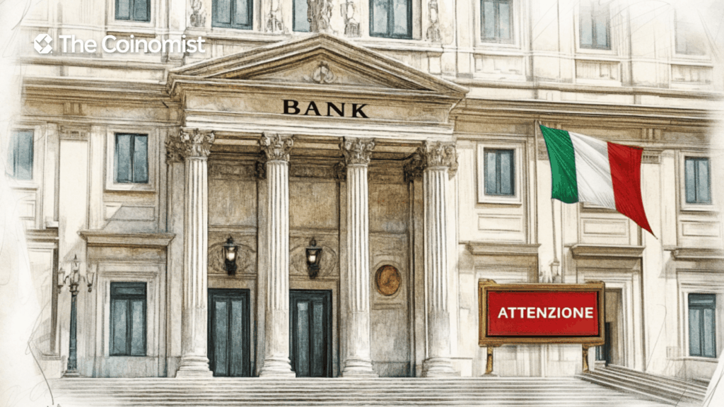 A conventional administrative building (possibly with marble columns) with the Italian flag above it - The Coinomist