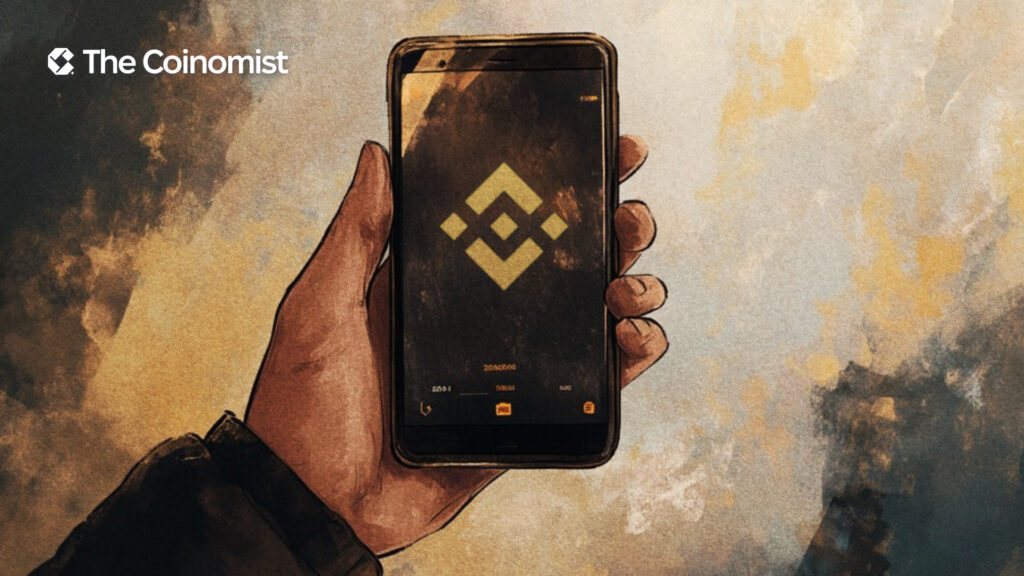 A hand holding a smartphone displaying the Binance logo on the screen - The Coinomist