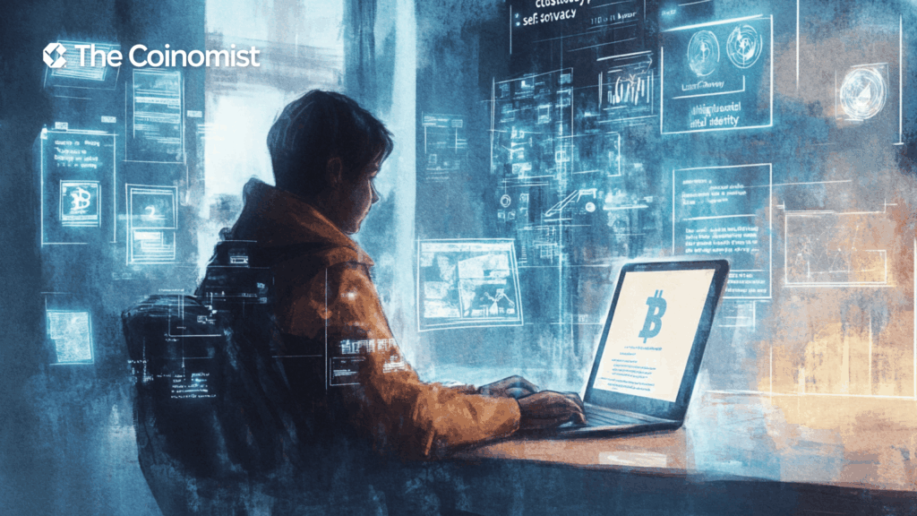 A student is immersed in a digital classroom surrounded by Bitcoin symbols. The Coinomist