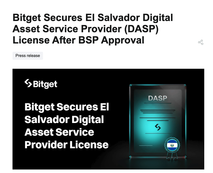 a digital certificate labeled 'DASP' next to the Bitget logo and a seal of El Salvador, representing official authorization. - The Coinomist