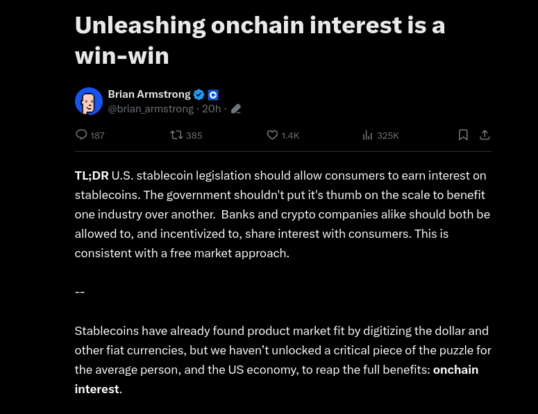 Brian Armstrong’s X post on stablecoin regulation in the US - The Coinomist