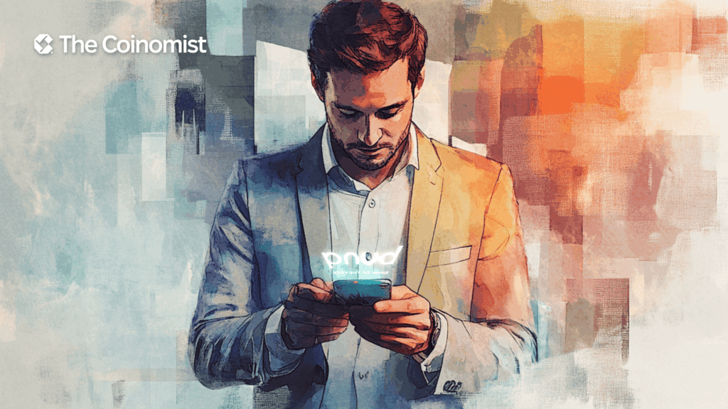 Trader with the smartohone in hands and Bunq logo on the screen - The Coinomist