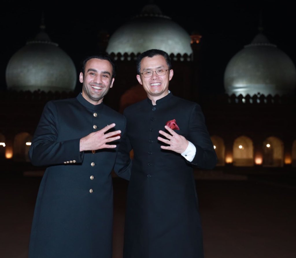 Binance founder CZ and PCC CEO Bilal Bin Saqib in discussion. The Coinomist