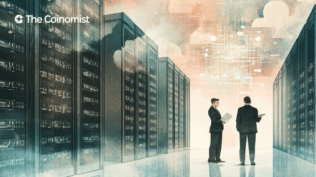 two suited political figures (representing Senators Whitehouse and Fetterman) standing in front of massive, industrial-scale data centers - The Coinomist