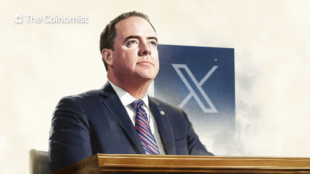 US Senator Adam Schiff on the cover with the X logo in the background - The Coinomist
