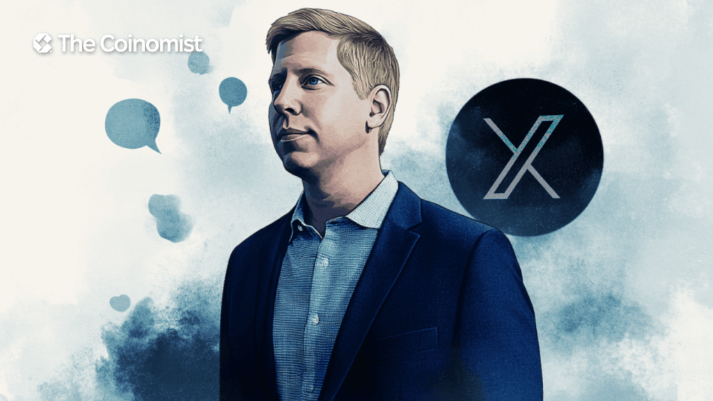 Barry Silbert on the cover, with the X logo and speech bubbles in the background - The Coinomist