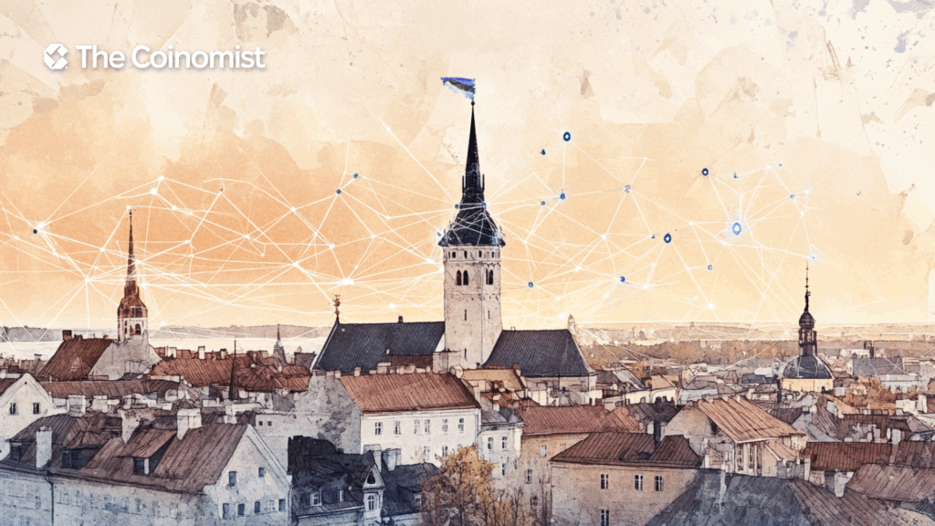 The silhouette of Tallinn's old town with its towers and spires, and in the sky, the schematic lines of the blockchain, like a network of connected dots - The Coinomist