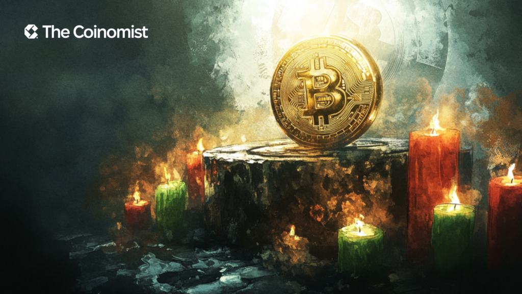 An altar with a bitcoin coin on it and green and red candles burning nearby - The Coinomist
