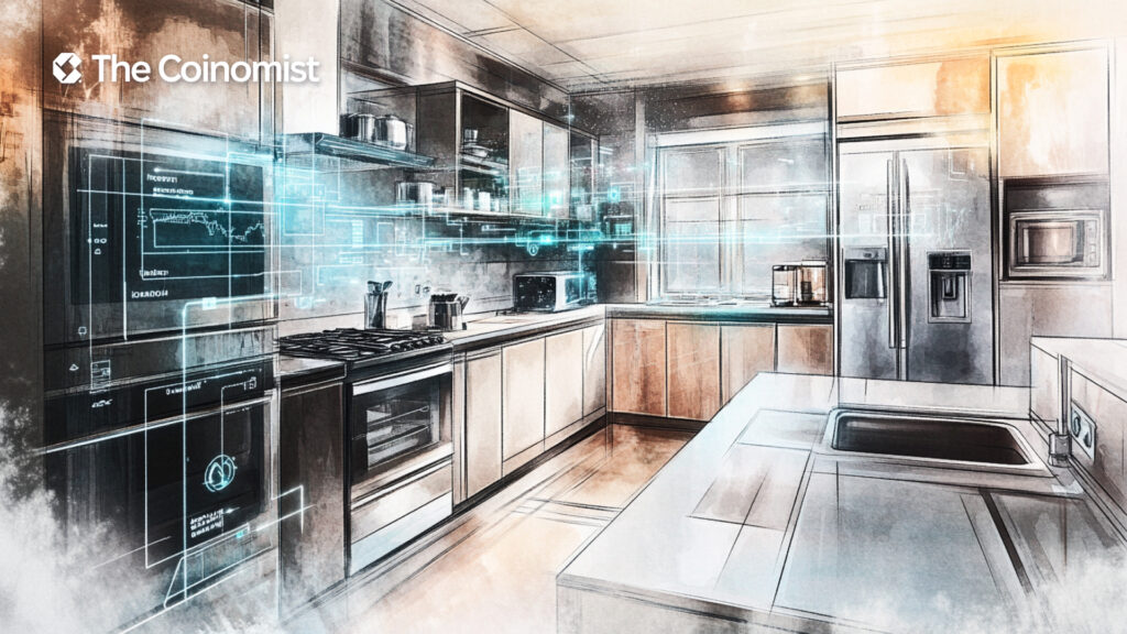 the interior of a typical kitchen, where every item (refrigerator, stove, microwave, etc.) is connected to each other by a blockchain web - The Coinomist
