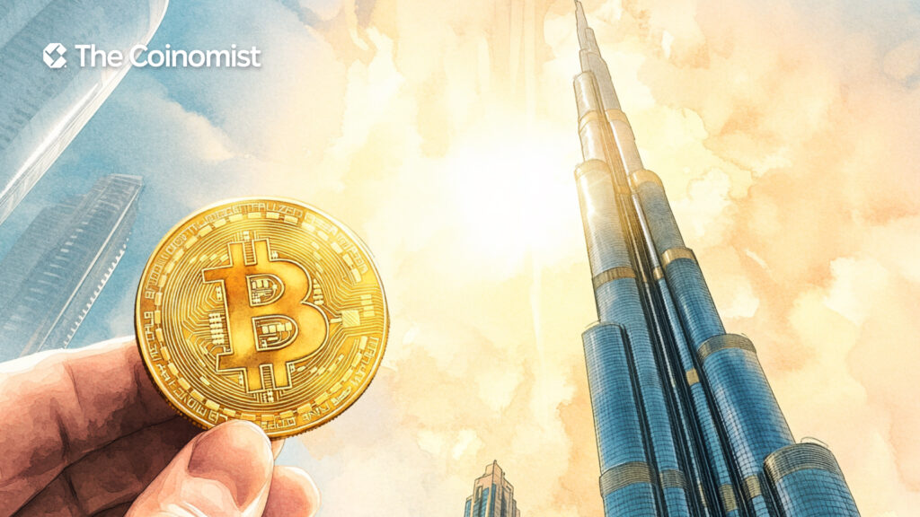 close-up of a hand holding a bitcoin coin against the backdrop of the world's tallest building, the Burj Khalifa - The Coinomist