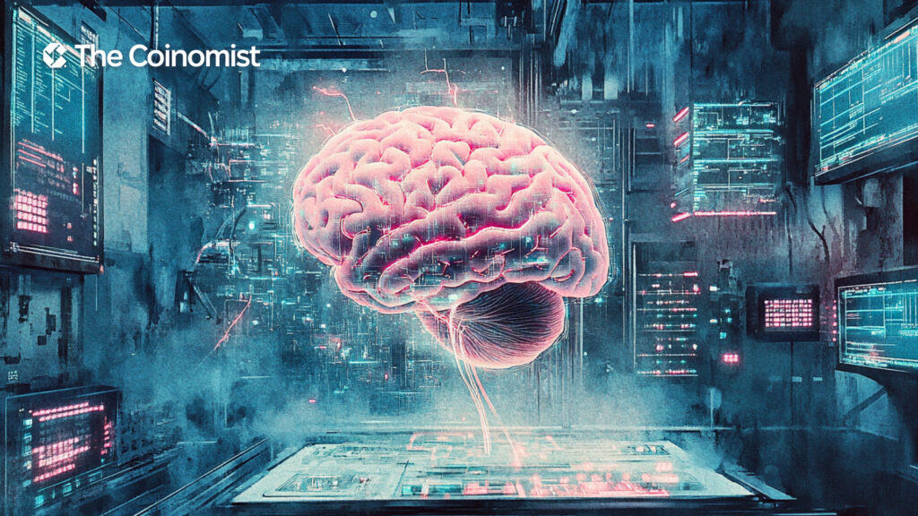 brain, computers, microchips, all in a cyberpunk aesthetic.- The Coinomist
