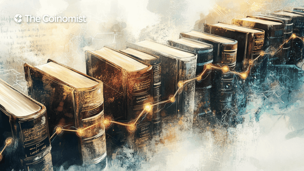 Blockchain diagram where instead of blocks there are books in beautiful old bindings - The Coinomist