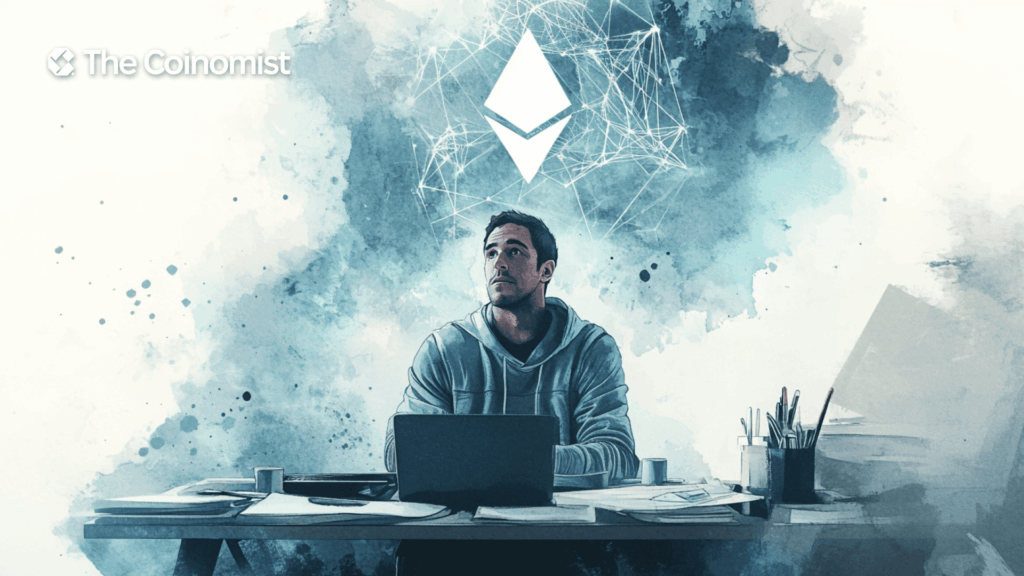 A man sits at his work desk and thinks about the Ethereum.