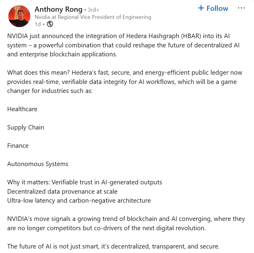 Post by Anthony Rong, Regional VP of Engineering at Nvidia, on LinkedIn - The Coinomist.