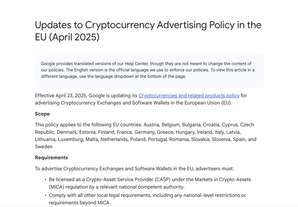 Google’s EU crypto ad update drops April 23, 2025. The Coinomist