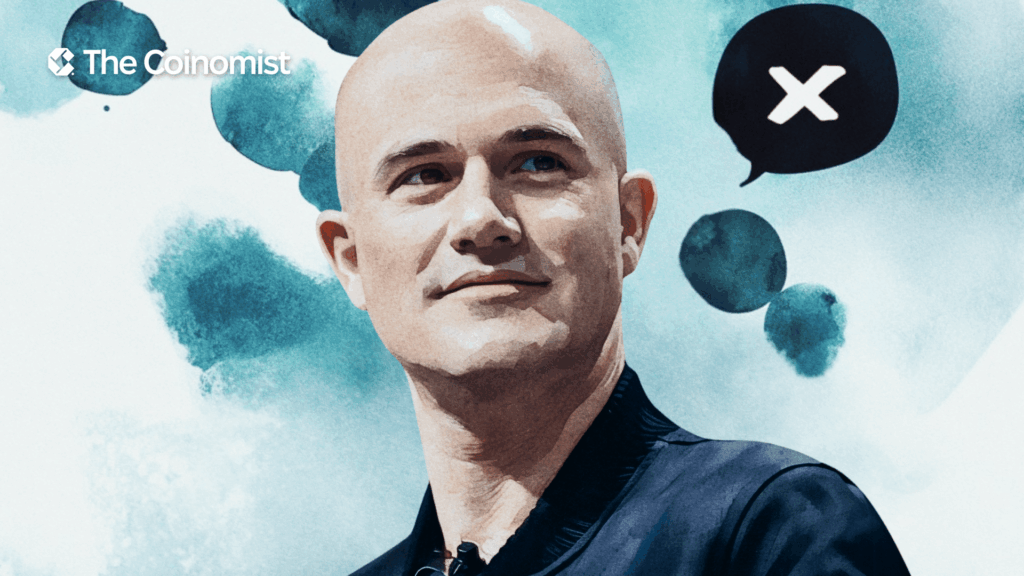 Coinbase’s Brian Armstrong on the cover with the X logo and speech bubbles in the background - The Coinomist