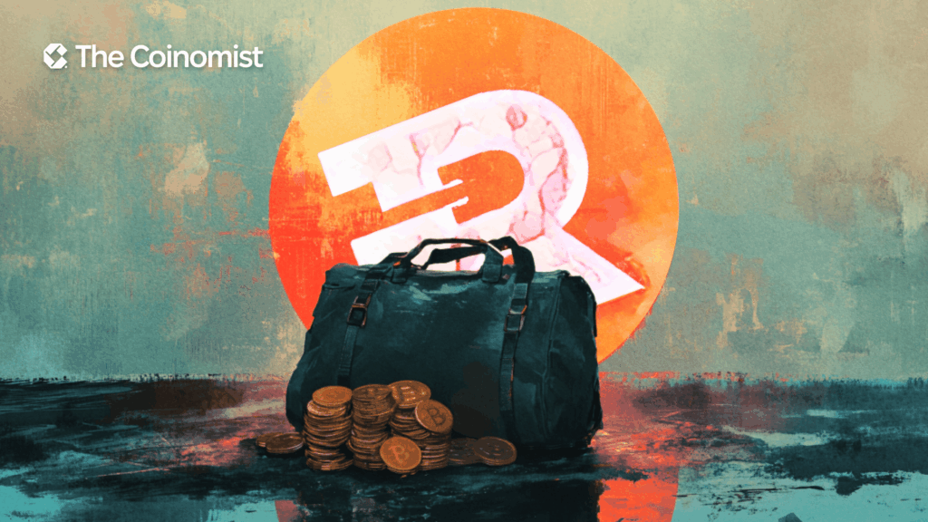 The logo of Riot Platforms and an open bag of bitcoins - The Coinomist