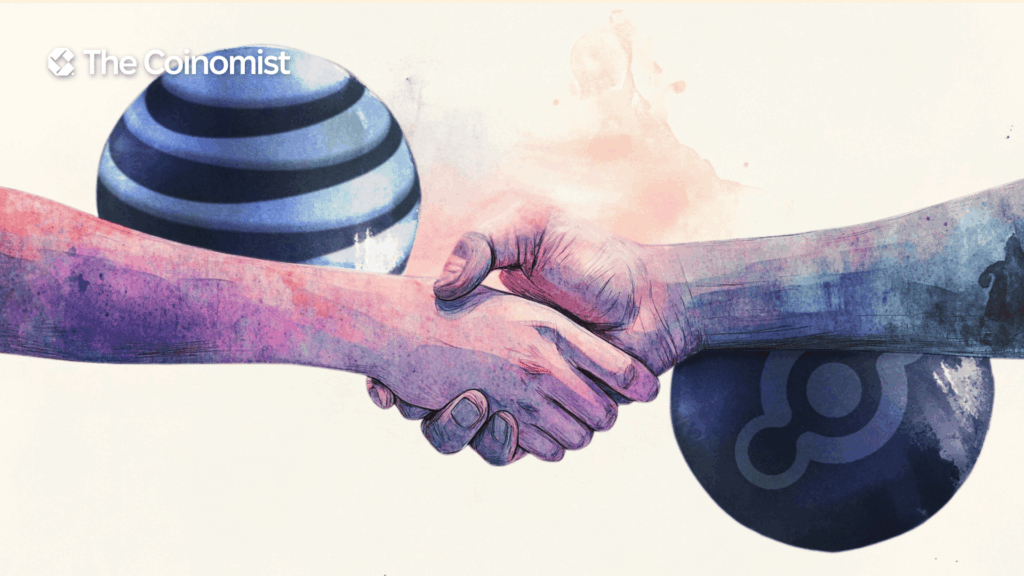The Hellium project logo shakes hands with the AT&T project logo - The Coinomist