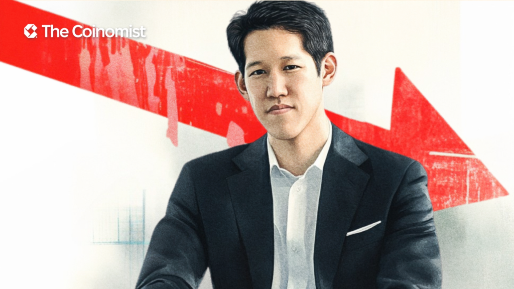 Jeff Park from Bitwise Asset Management on the cover with a red downward arrow in the background symbolizing the global economic crisis - The Coinomist