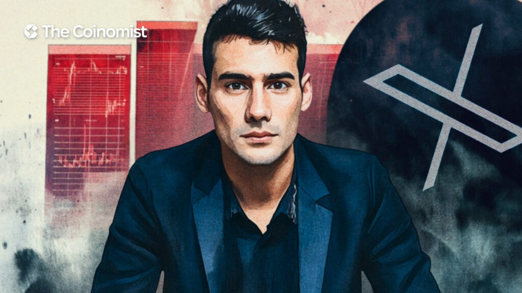 Mario Nawfal on the cover with X logo and downtrend red charts in the background - The Coinomist