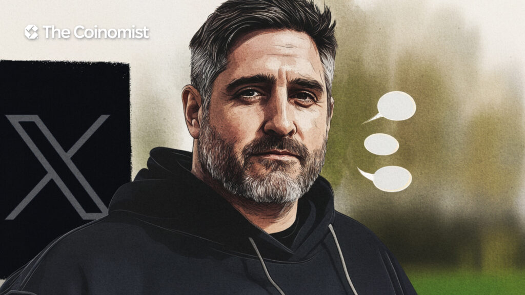 Peter McCormack on the cover with the X logo and speech bubbles in the background. The Coinomist