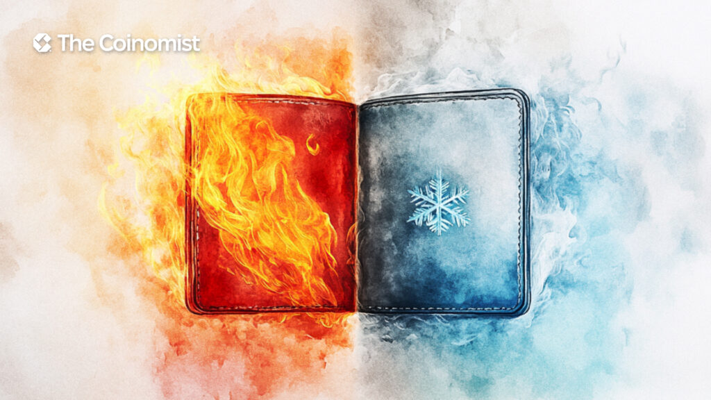 one side shows a digital wallet icon for hot wallets, the other a secure, offline device for cold wallets - The Coinomist