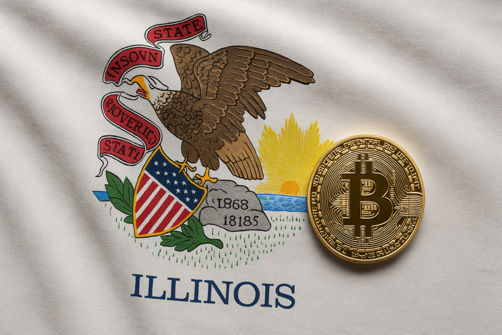 Artistic rendering of the Illinois flag alongside a Bitcoin logo.